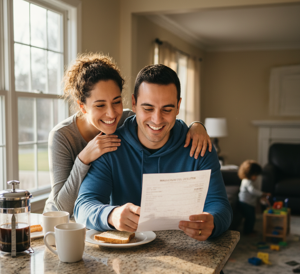 Parents reviewing electricity bill happy that their monthly cost decreased