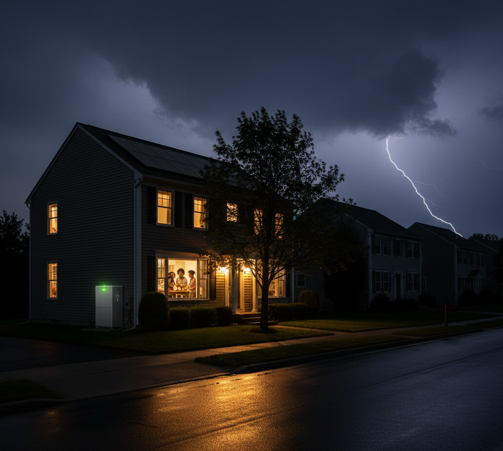 Home with solar battery backup during storm power outage