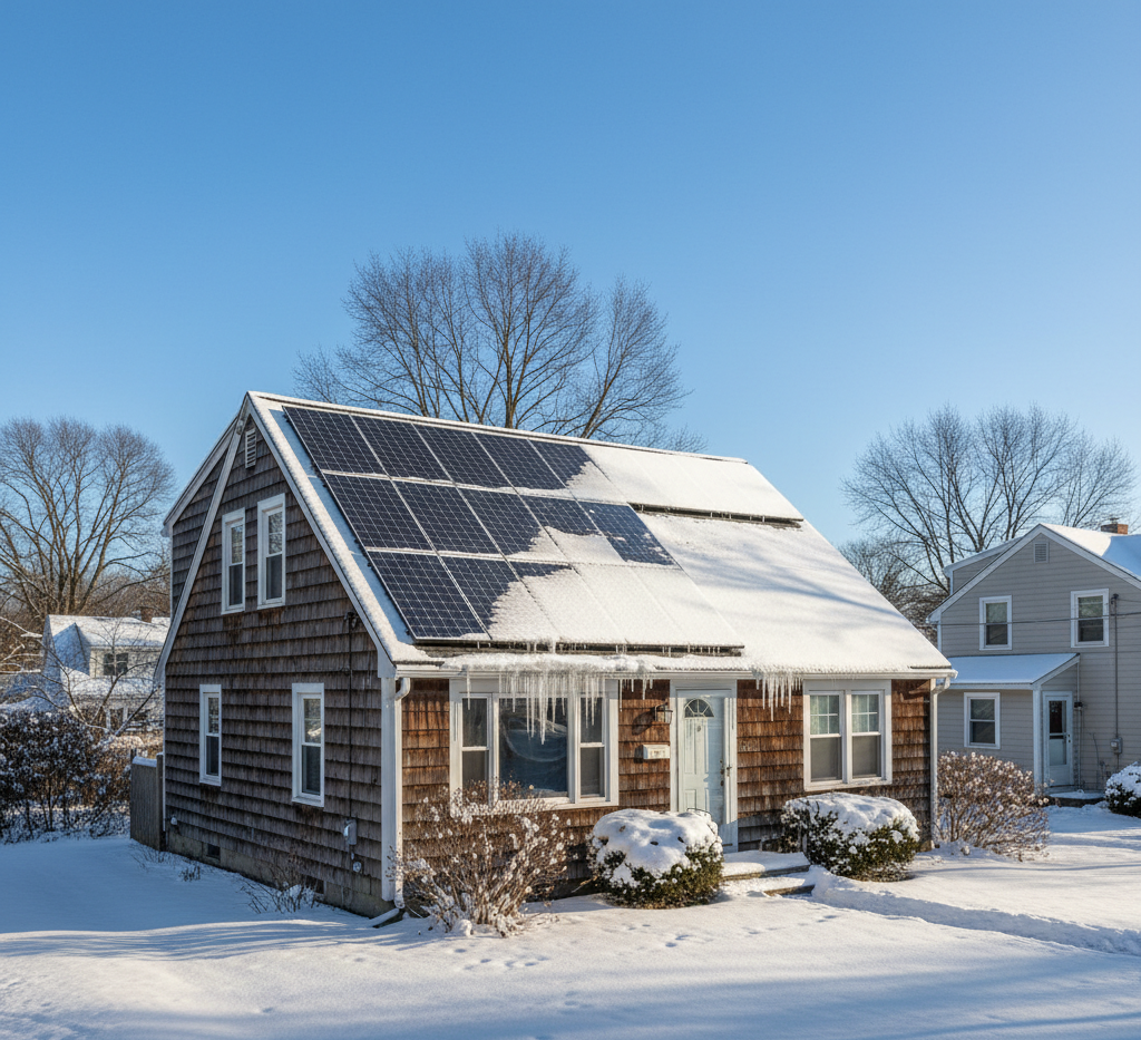 Home in winter with solar panels