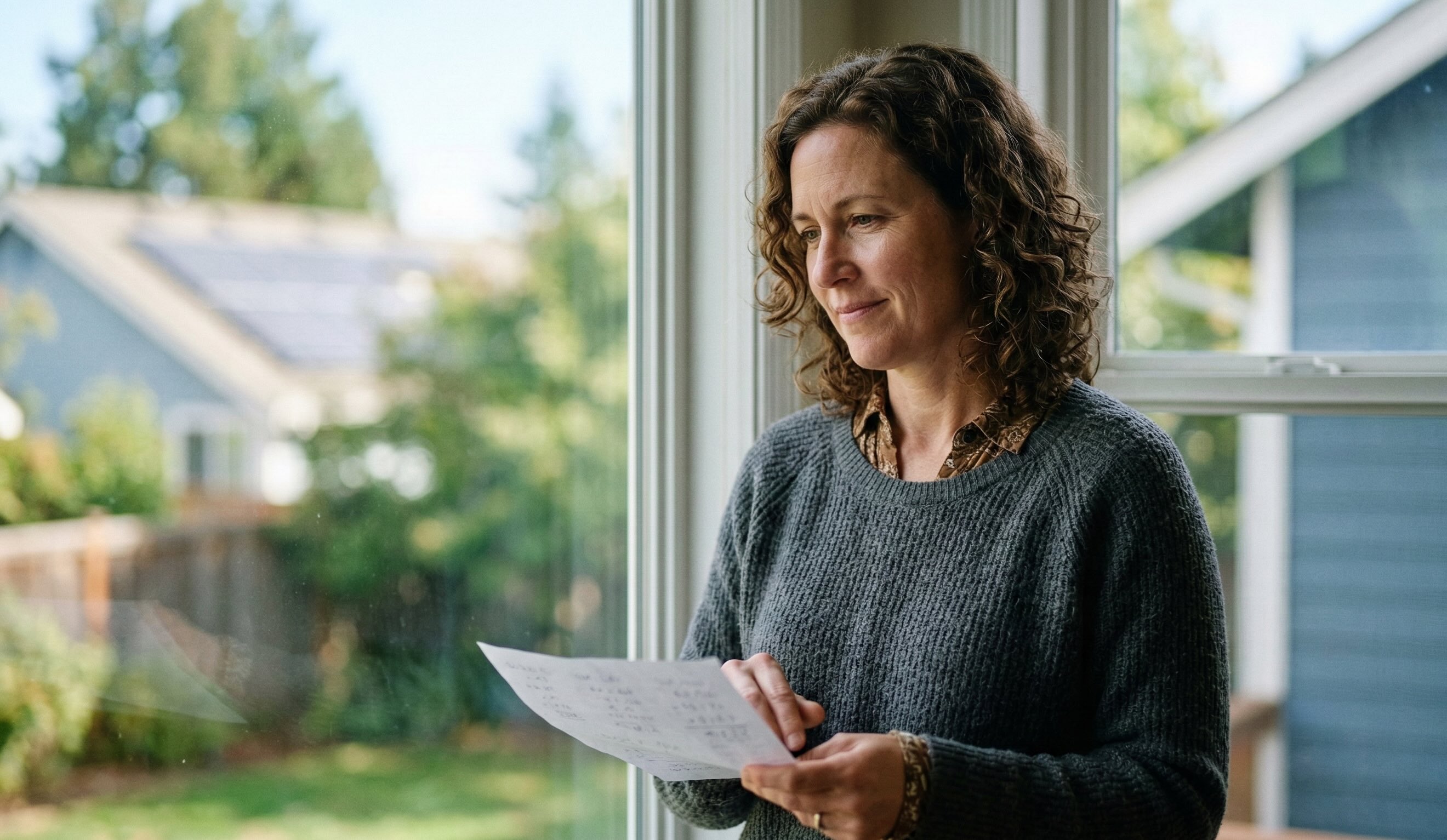 Woman holding papers with calculations, house with solar panels in background