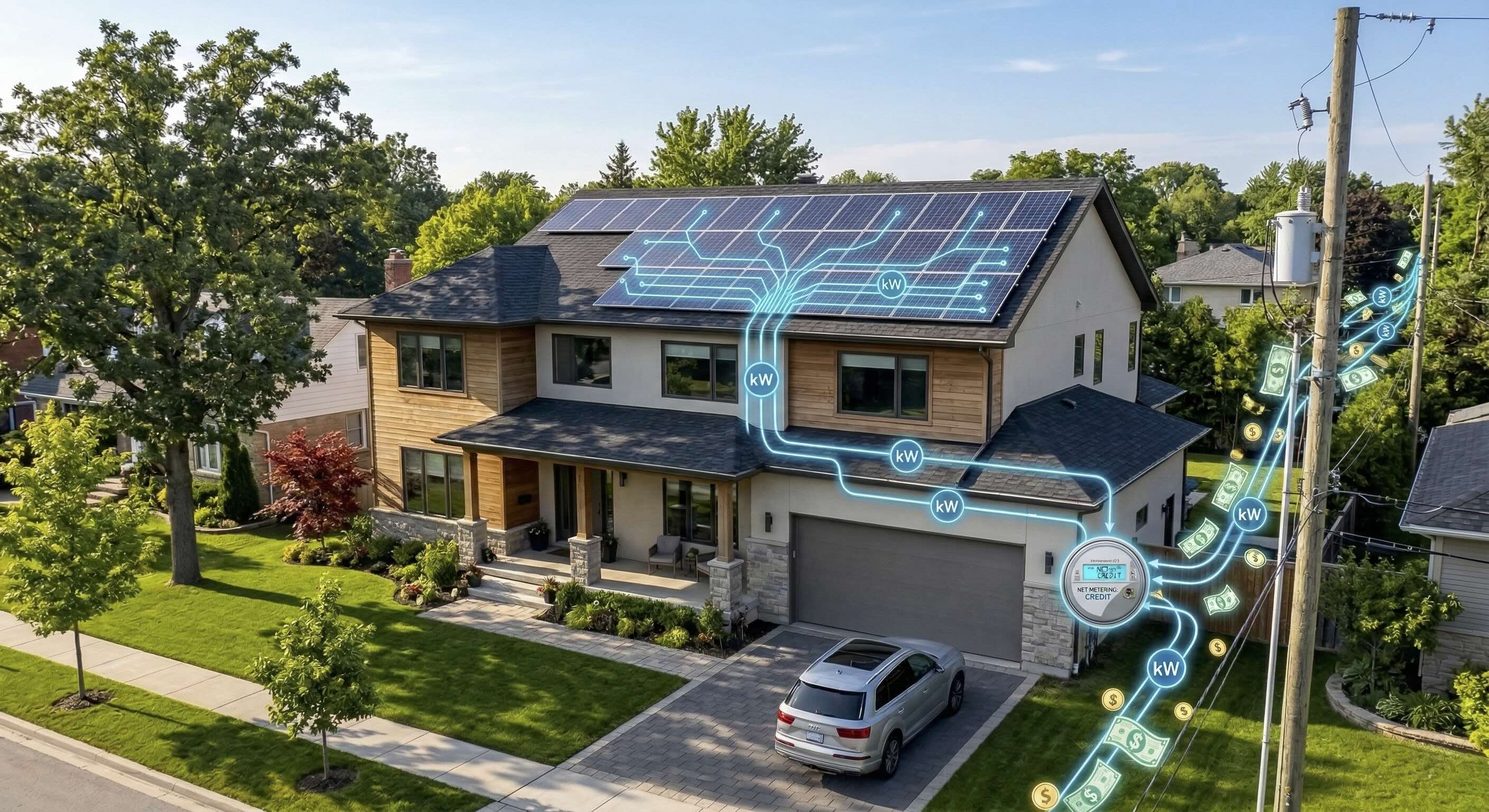 Aerial view of a house with solar panels, showing energy flow and money saved through net metering