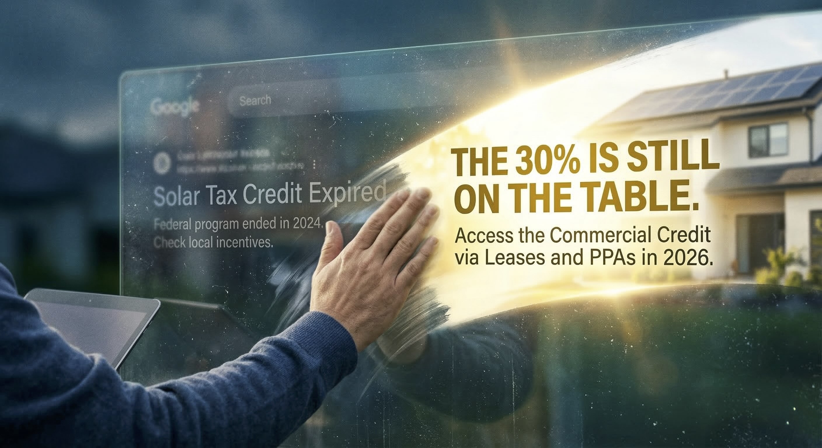 Hand wiping away 'Solar Tax Credit Expired' on a transparent screen, revealing 'THE 30% IS STILL ON THE TABLE', with a solar home in the background.